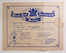 Load image into Gallery viewer, 1945-46 Quaker Oats Maple Leaf Bantam Hockey Membership Certificate