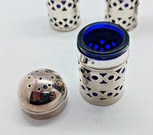Load image into Gallery viewer, Birks E.P.N.S. Silver Plated Salt & Pepper Shakers Cobalt Blue Glass Insert x6