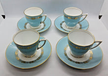 Load image into Gallery viewer, Minton Bone China Blue with Gold Leaves Trim Pattern Demi Cup & Saucer set of 4