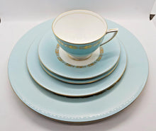 Load image into Gallery viewer, Minton Bone China Blue with Gold Leaves Trim Pattern 5 Piece Place Set x 8, 40pc