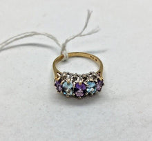 Load image into Gallery viewer, 10K Yellow and White Gold Hand Assembled Amethyst, Topaz, Diamond Ring Certified