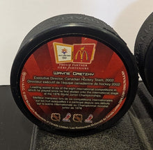 Load image into Gallery viewer, 2002 McDonald s Olympics Team Canada Pucks Complete Set (5) With Stand