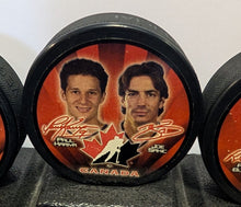 Load image into Gallery viewer, 2002 McDonald s Olympics Team Canada Pucks Complete Set (5) With Stand