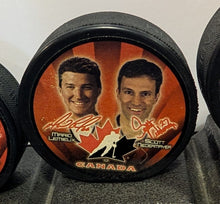 Load image into Gallery viewer, 2002 McDonald s Olympics Team Canada Pucks Complete Set (5) With Stand