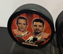 Load image into Gallery viewer, 2002 McDonald s Olympics Team Canada Pucks Complete Set (5) With Stand