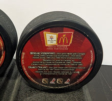 Load image into Gallery viewer, 2002 McDonald s Olympics Team Canada Pucks Complete Set (5) With Stand