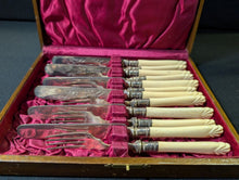Load image into Gallery viewer, Victorian Silver Plate with Marked Sliver Mounted Forks and Knives Set in Box