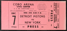 Load image into Gallery viewer, 1966 Detroit Pistons vs. NY Knicks Press Pass, Cobo Arena Ticket