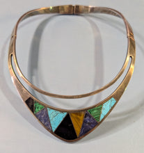 Load image into Gallery viewer, Mexico 925 Sterling Silver Hinged Collar Necklace Onyx Turquoise Malachite
