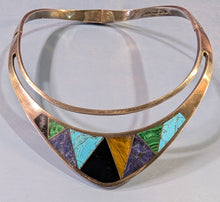 Load image into Gallery viewer, Mexico 925 Sterling Silver Hinged Collar Necklace Onyx Turquoise Malachite