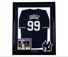 Load image into Gallery viewer, 2017 Aaron Judge Autographed Navy Blue New York Yankees Jersey in Black Frame.