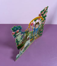 Load image into Gallery viewer, Vintage 1920s Die-Cut Pop-Up Valentine Card Girl Dog at Gate "It's a dog's life"