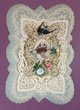 Load image into Gallery viewer, 1800s Antique Victorian Die-Cut Lace Valentine Card Woman Cameo Bird Flowers