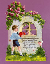 Load image into Gallery viewer, Vintage 1920sGerman Die-Cut Mechanical Valentine Card Boy, Girl in Window