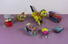 Load image into Gallery viewer, 1940s Lot of 7 Vintage Wind-Up Tin Toys Cat, Train, Robot, Duck, Motorcycle