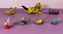 Load image into Gallery viewer, 1940s Lot of 7 Vintage Wind-Up Tin Toys Cat, Train, Robot, Duck, Motorcycle