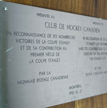 Load image into Gallery viewer, Royal Canadian Mint 1993 Stanley Cup Centennial Dollar Display Plaque w/COA
