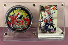 Load image into Gallery viewer, Curtis Joseph Signed Valu-net Card & 2002 Canada Double Gold Puck Display