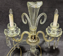 Load image into Gallery viewer, Pressed Glass & Cut Crystal Candle Lamp with Serpentine Arms & Feather Detail