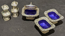 Load image into Gallery viewer, Vintage 5 Pc. Silver Plate & Cobalt Glass Salt, Pepper & Mustard Set