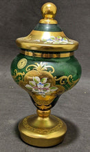 Load image into Gallery viewer, Emerald Green & Heavy Gold Bohemian Czech Art Glass Lidded Pedestal Dish