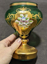 Load image into Gallery viewer, Emerald Green & Heavy Gold Bohemian Czech Art Glass Lidded Pedestal Dish