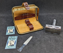 Load image into Gallery viewer, Vintage Brown Leather, Gold Tone Mini Gillette Travel Shaving Kit