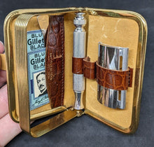 Load image into Gallery viewer, Vintage Brown Leather, Gold Tone Mini Gillette Travel Shaving Kit