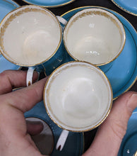 Load image into Gallery viewer, Set of 7 Teal And Gold Leaf Design AYNSLEY Demitasse Bone China Cups & Saucers