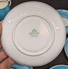 Load image into Gallery viewer, Set of 7 Teal And Gold Leaf Design AYNSLEY Demitasse Bone China Cups & Saucers