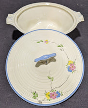 Load image into Gallery viewer, Vintage Crown Ducal Earthenware Round Covered Vegetable Dish - Blue Rim, Flowers
