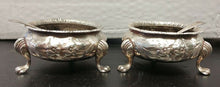 Load image into Gallery viewer, 2 x 1875 Sterling Silver Footed Salt Bowls With Spoons - Robert Harper Maker