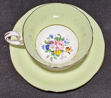 Load image into Gallery viewer, AYNSLEY Fine Bone China Cup & Saucer -- Soft Green, Gold Trim, Bouquet In Bowl