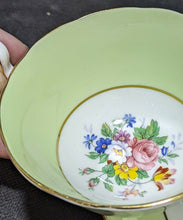 Load image into Gallery viewer, AYNSLEY Fine Bone China Cup & Saucer -- Soft Green, Gold Trim, Bouquet In Bowl