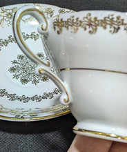 Load image into Gallery viewer, Stanley Fine Bone China Tea Cup & Saucer - Gold Scroll & Flower Detail on White
