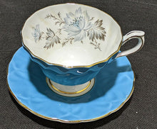 Load image into Gallery viewer, AYNSLEY Fine Bone China Cup & Saucer - Bright Blue With Grey Flower Detail