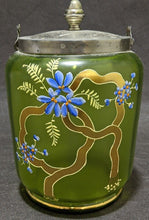 Load image into Gallery viewer, Vintage Hand Painted Green Glass Biscuit Barrel - As Is