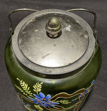 Load image into Gallery viewer, Vintage Hand Painted Green Glass Biscuit Barrel - As Is