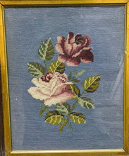 Load image into Gallery viewer, Framed Needlepoint - Cabbage Roses - Pink on Blue Background