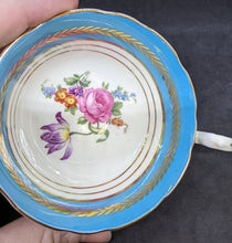 Load image into Gallery viewer, AYNSLEY Fine Bone China Teacup & Saucer - Teal, Gold & Floral Bouquet