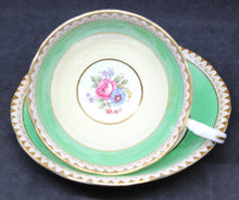 Load image into Gallery viewer, Green, Gold Trim Aynsley Bone China Cup and Saucer w/ Flower Bouquet Center