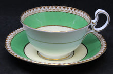 Load image into Gallery viewer, Green, Gold Trim Aynsley Bone China Cup and Saucer w/ Flower Bouquet Center