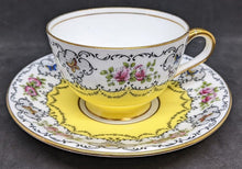 Load image into Gallery viewer, AYNSLEY Bone China Tea Cup & Saucer - Bright Yellow With Scalloped Floral Border
