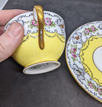 Load image into Gallery viewer, AYNSLEY Bone China Tea Cup & Saucer - Bright Yellow With Scalloped Floral Border