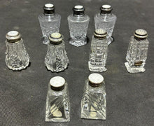 Load image into Gallery viewer, Sterling Silver and Cut Crystal lot of 9 pieces of Salt and Pepper shakers