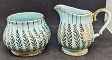 Load image into Gallery viewer, Vintage SADLER Teal With Gold Sheaf Detail Creamer & Open Sugar Bowl