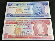 Load image into Gallery viewer, 1973 Central Bank of Barbados $1 & $2 Bank Notes