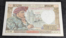 Load image into Gallery viewer, 1941 Bank of (Banque De) France 50 Francs Bank Note