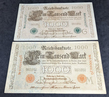 Load image into Gallery viewer, 2 x 1910 Germany 1000 Mark Bank Notes -- Green & Red Serial Number Varieties