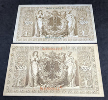 Load image into Gallery viewer, 2 x 1910 Germany 1000 Mark Bank Notes -- Green & Red Serial Number Varieties